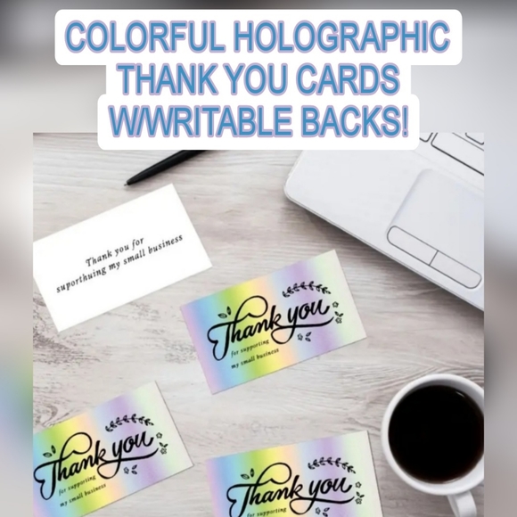 100pk DELIGHT YOUR CUSTOMERS W/ COLORFUL HOLOGRAPHIC THANK YOU CARDS & LABELS - Picture 2 of 12